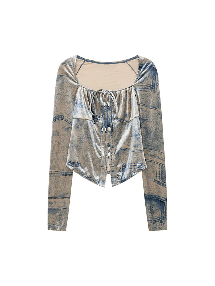 NEXT PASSPORT silver-gray faux-denim velvet top flat lay