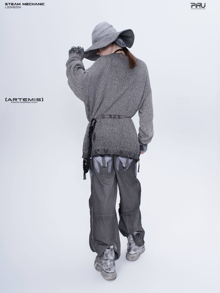 ARTEMIS distressed reversible knit sweater, moon dust gray, full rear outfit view