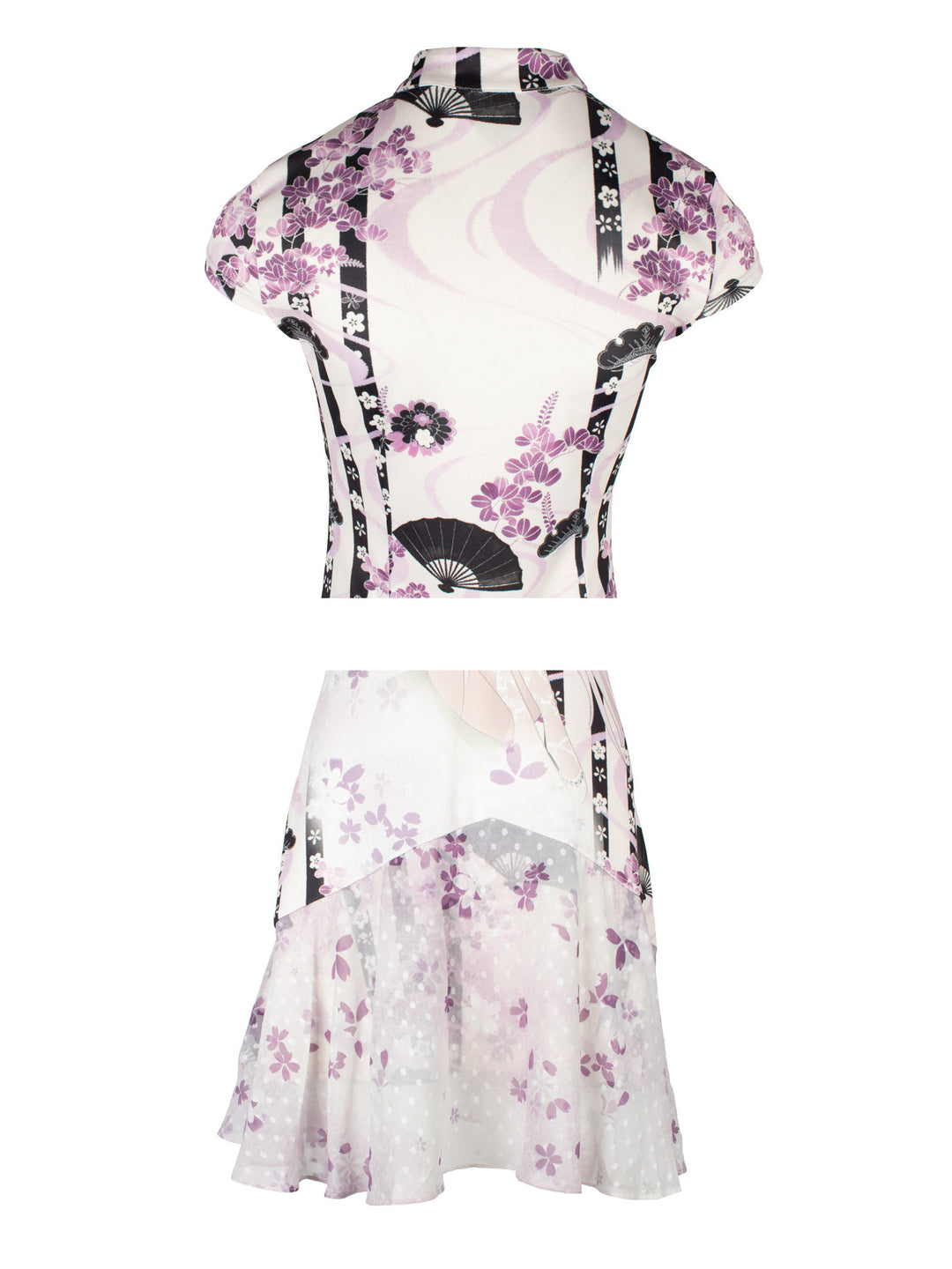4RE1GN PURPLE MOOD mandarin-collar dress in multicolor — back collar and printed chiffon hem details