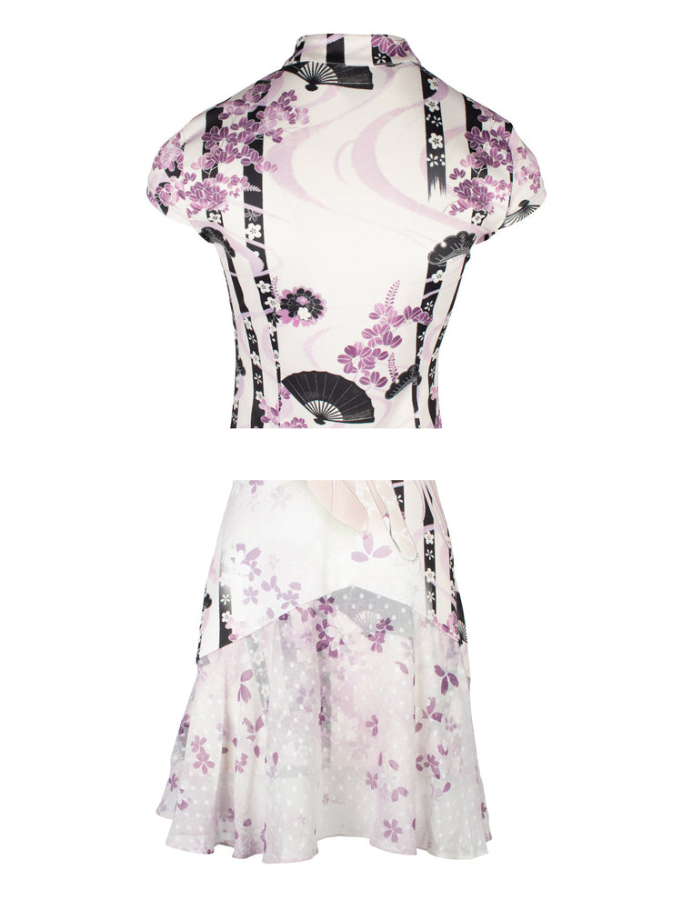 4RE1GN PURPLE MOOD mandarin-collar dress in multicolor — back collar and printed chiffon hem details