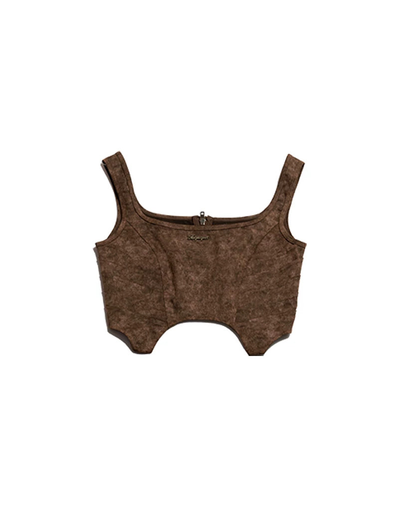 NEXT PASSPORT wasteland-brown shark-pleat vest — clean garment-only view