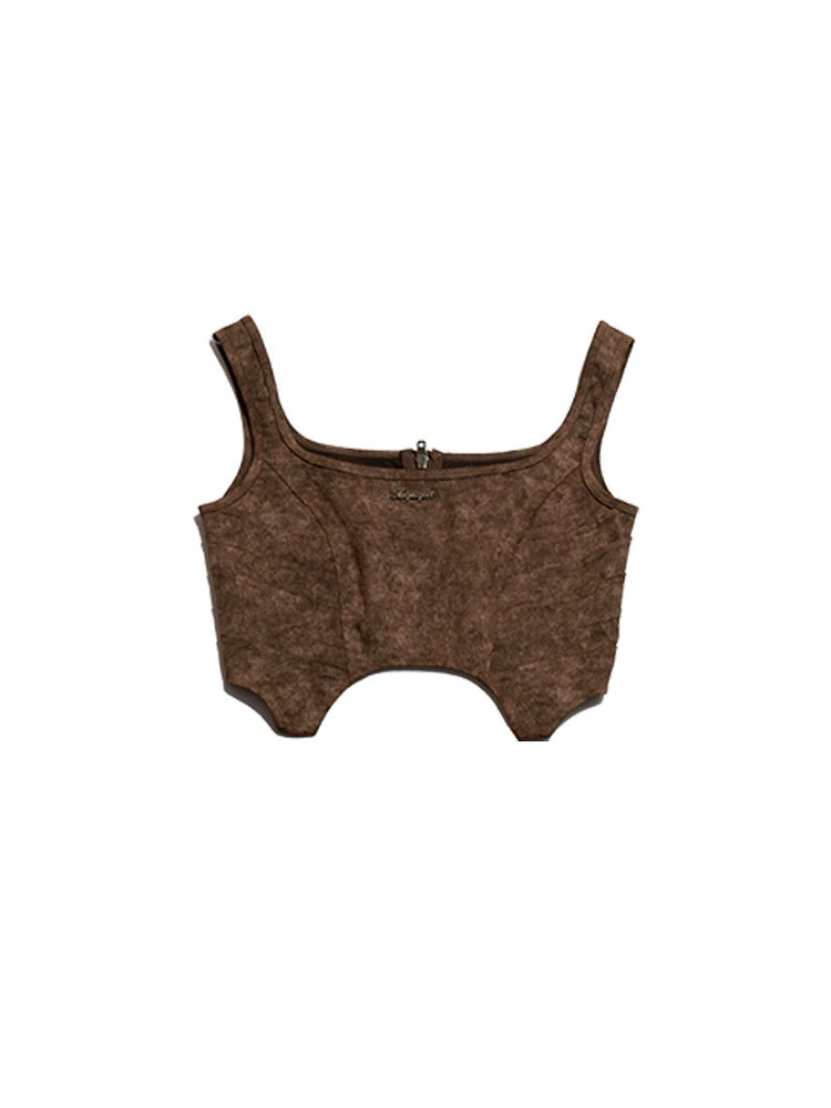 NEXT PASSPORT wasteland-brown shark-pleat vest — clean garment-only view