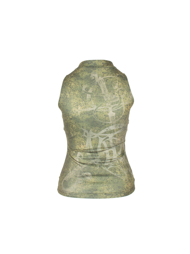 4RE1GN TRIPLE CROSS mandarin sleeveless top in olive green — back garment-only view showing the oversized cross and crest print