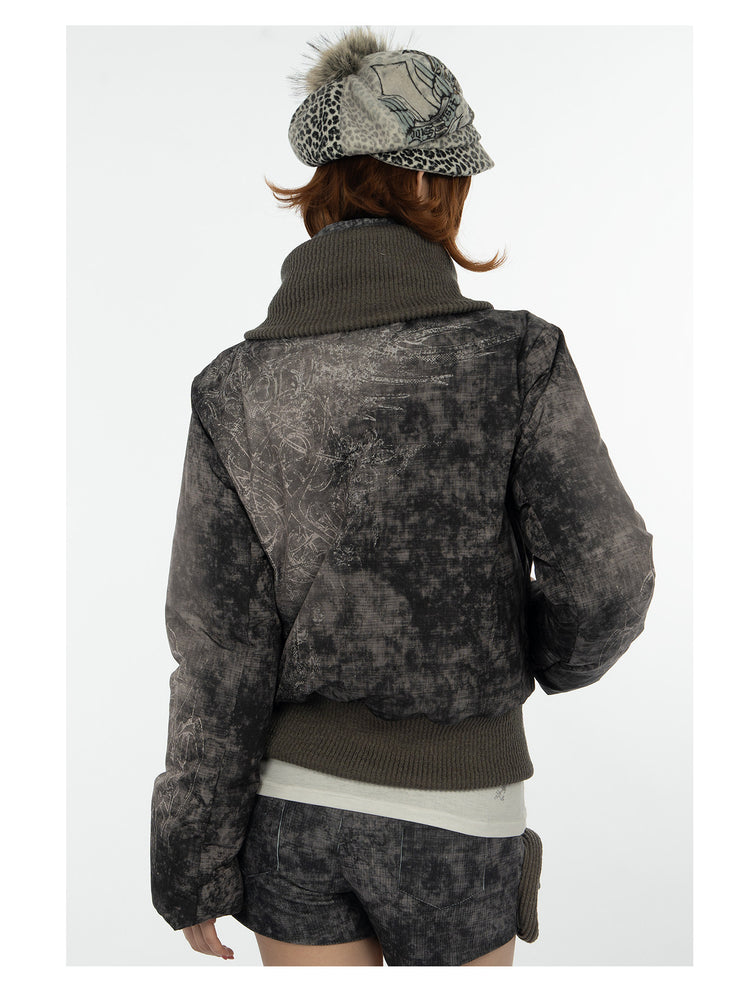 4RE1GN MYSTIC STAR knit-collar down jacket in gray multicolor — back modeled detail showing the knit collar and hem