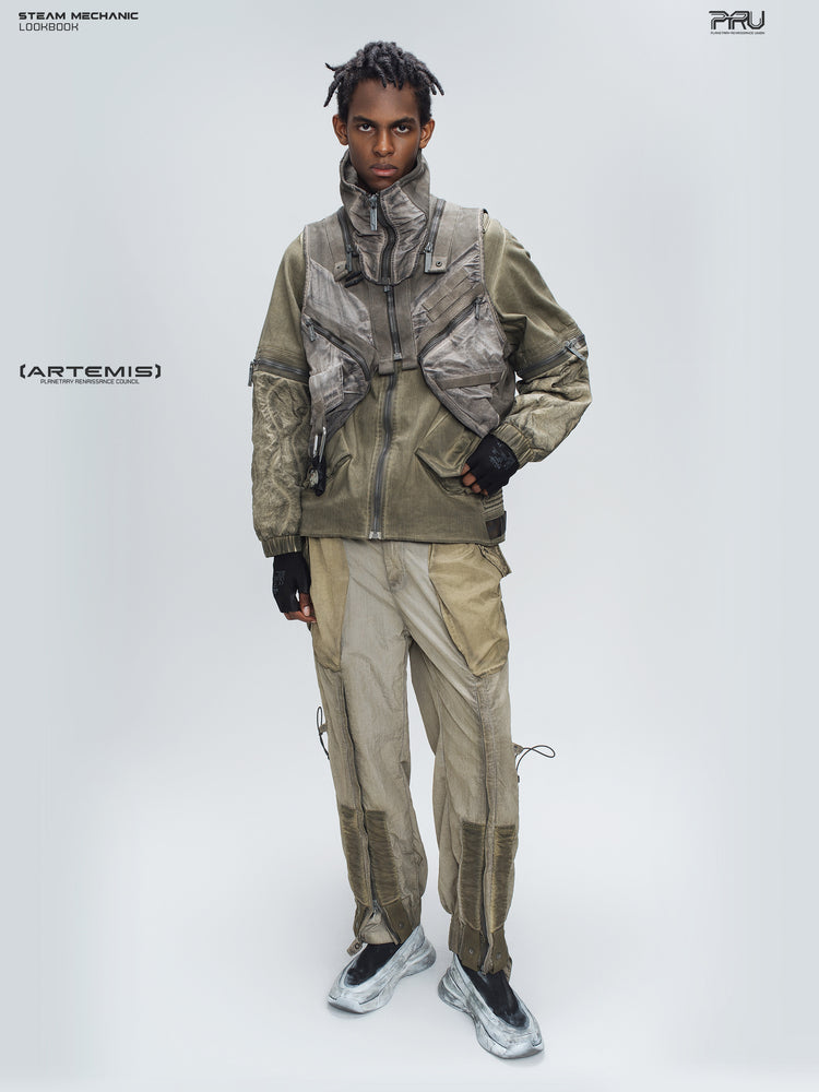 PIONEER mercury-brown detachable-sleeve jacket, full-length layered styling with grey utility vest