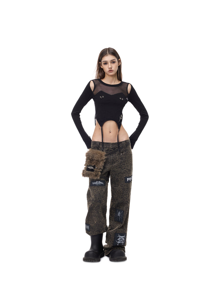 PINKSPINK ELECTRIC MOON reconstructed mesh tee — front full-length modeled view with hands at the waist