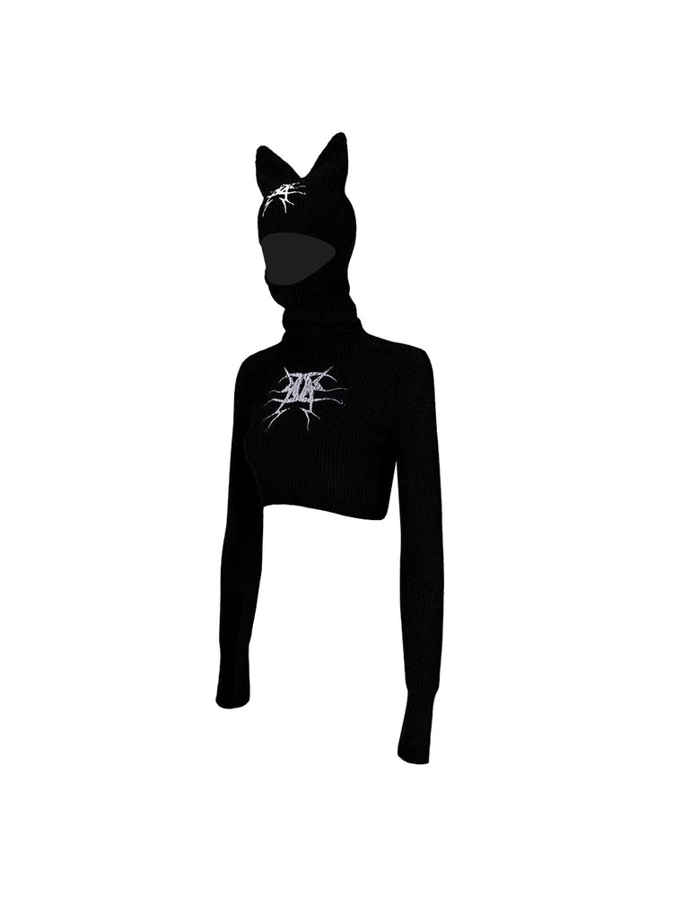 PINKSPINK ELECTRIC MOON fitted cat-ear hood sweater — black fitted cat-ear hood sweater, front product view