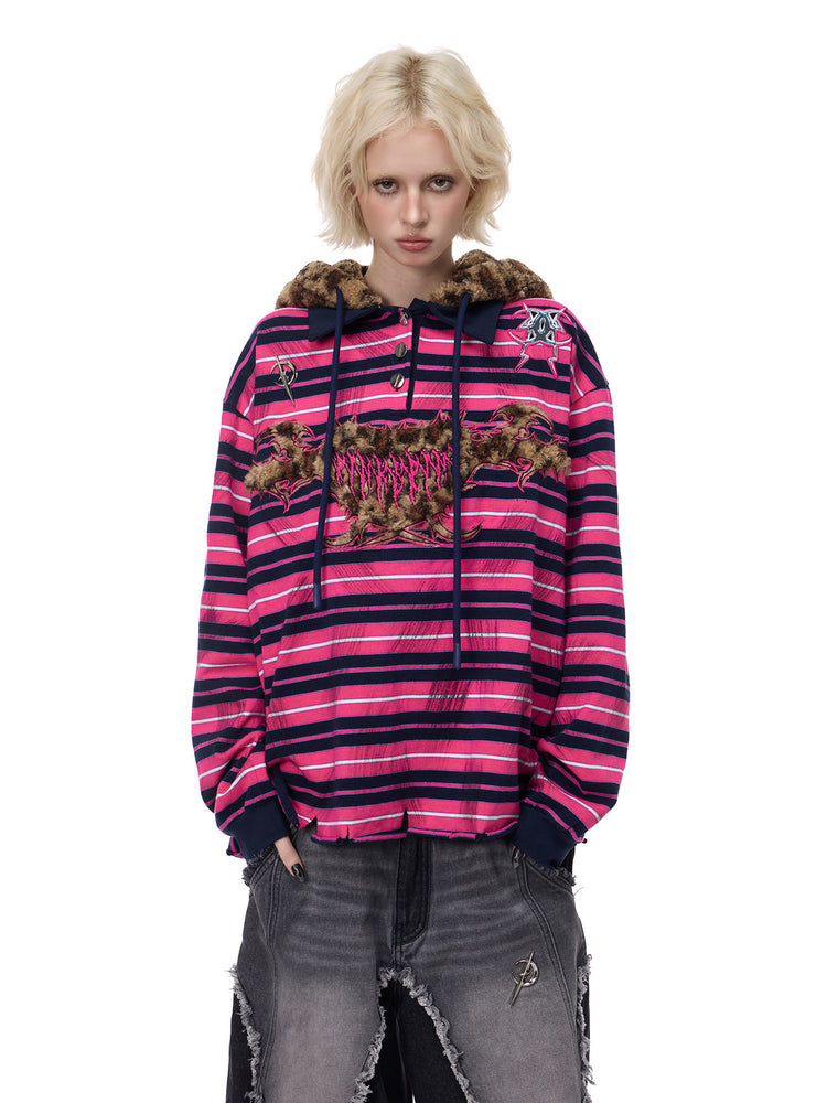 PINKSPINK CAT ALIEN leopard-ear striped hoodie — front modeled view with the hood down and striped sleeves