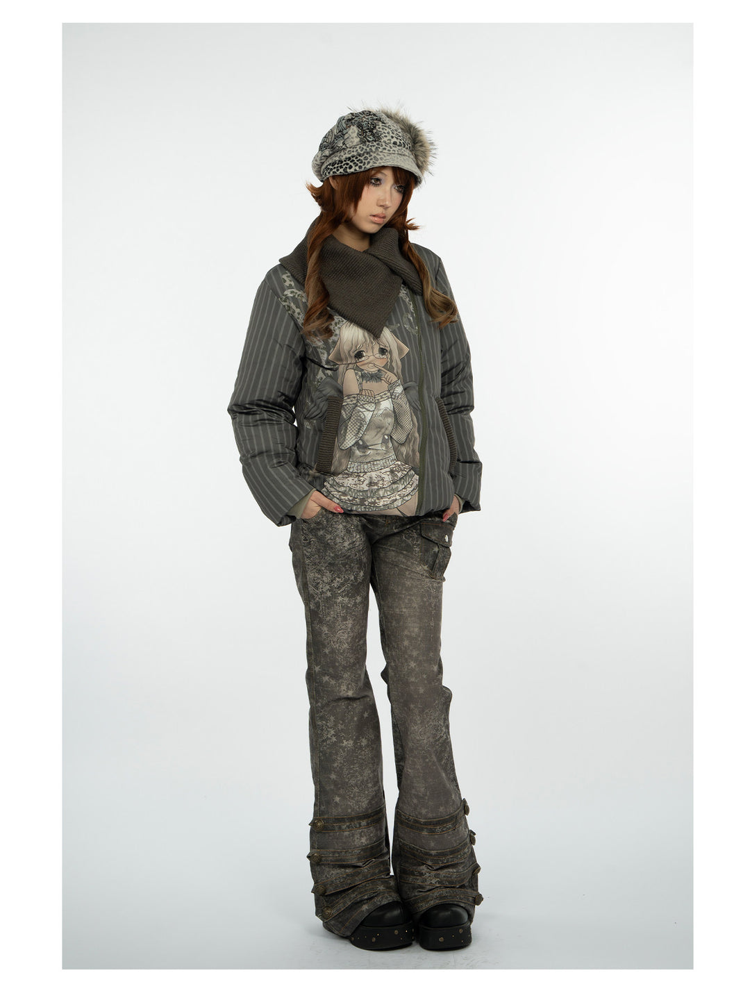 4RE1GN COMIC STRIPE asymmetric-collar down jacket in olive green — front modeled view with hands in pockets and collar closed