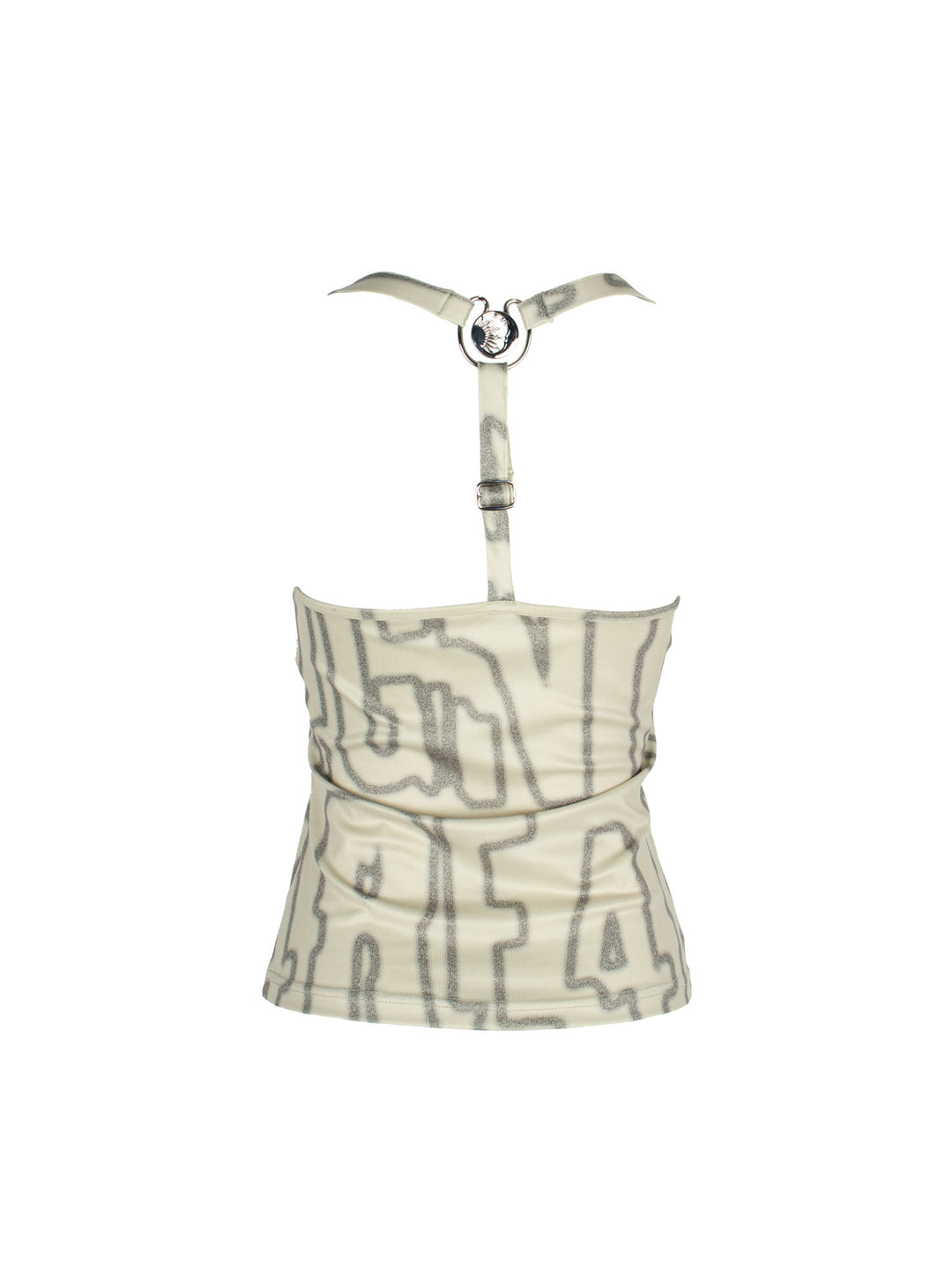 4RE1GN SIGIL cowl-neck halter top in ivory multicolor — back garment-only view showing the adjustable T strap