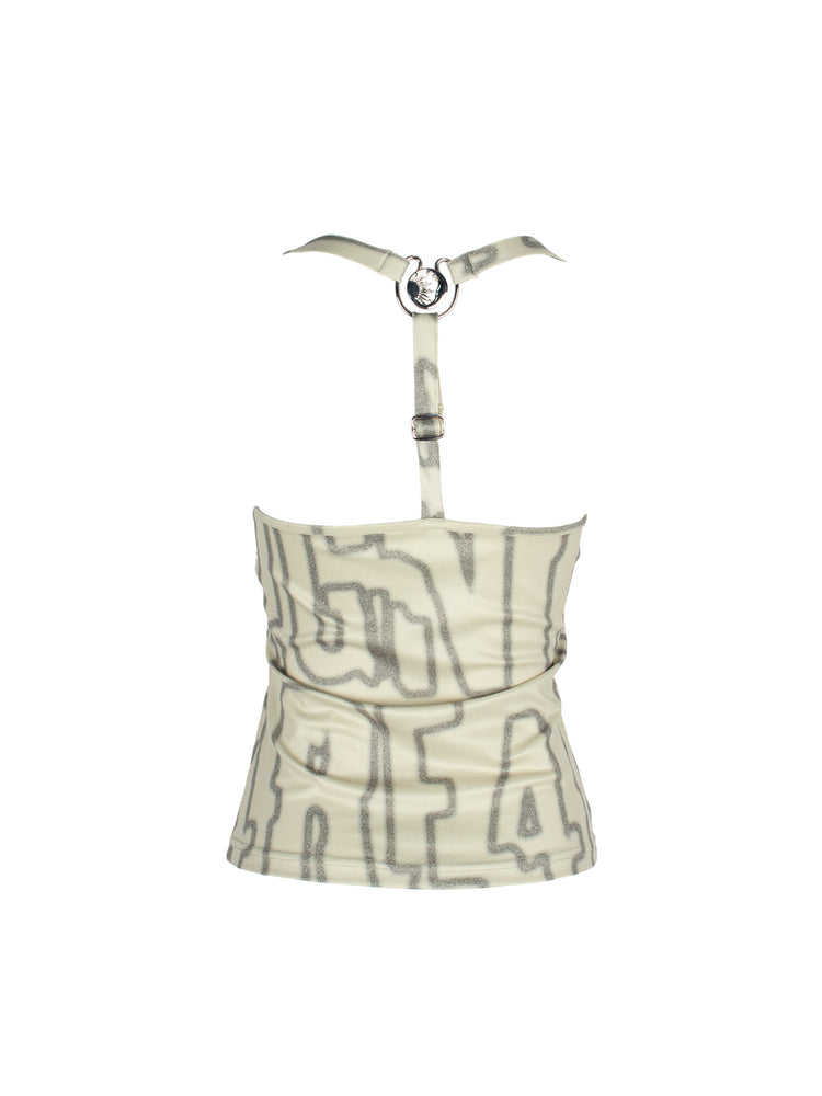 4RE1GN SIGIL cowl-neck halter top in ivory multicolor — back garment-only view showing the adjustable T strap