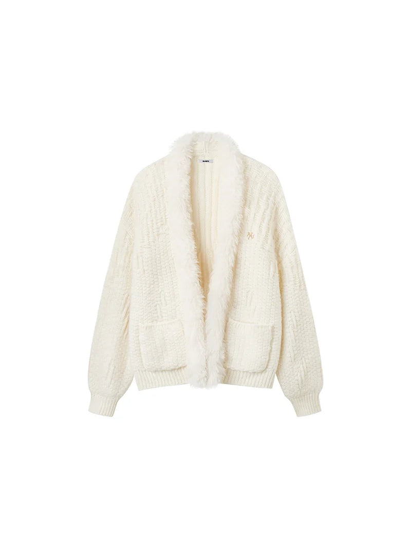 NAWS ARCTIC shearling-collar wool-mohair cardigan — snow-white wool-mohair cardigan with front pockets, front product view
