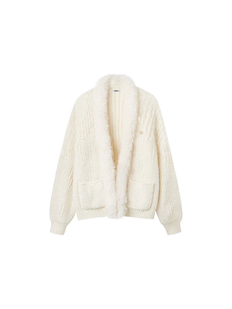 NAWS ARCTIC shearling-collar wool-mohair cardigan — snow-white wool-mohair cardigan with front pockets, front product view