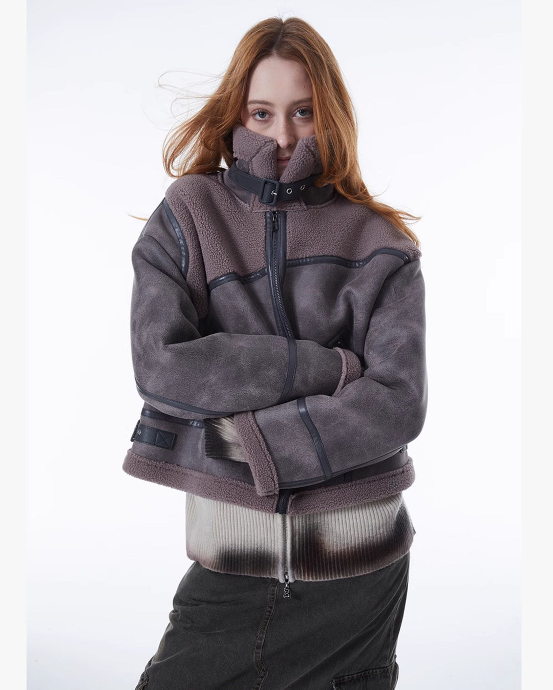 ERRORCODE ROBOT gray-purple paneled faux-shearling jacket, zipped front view with arms crossed