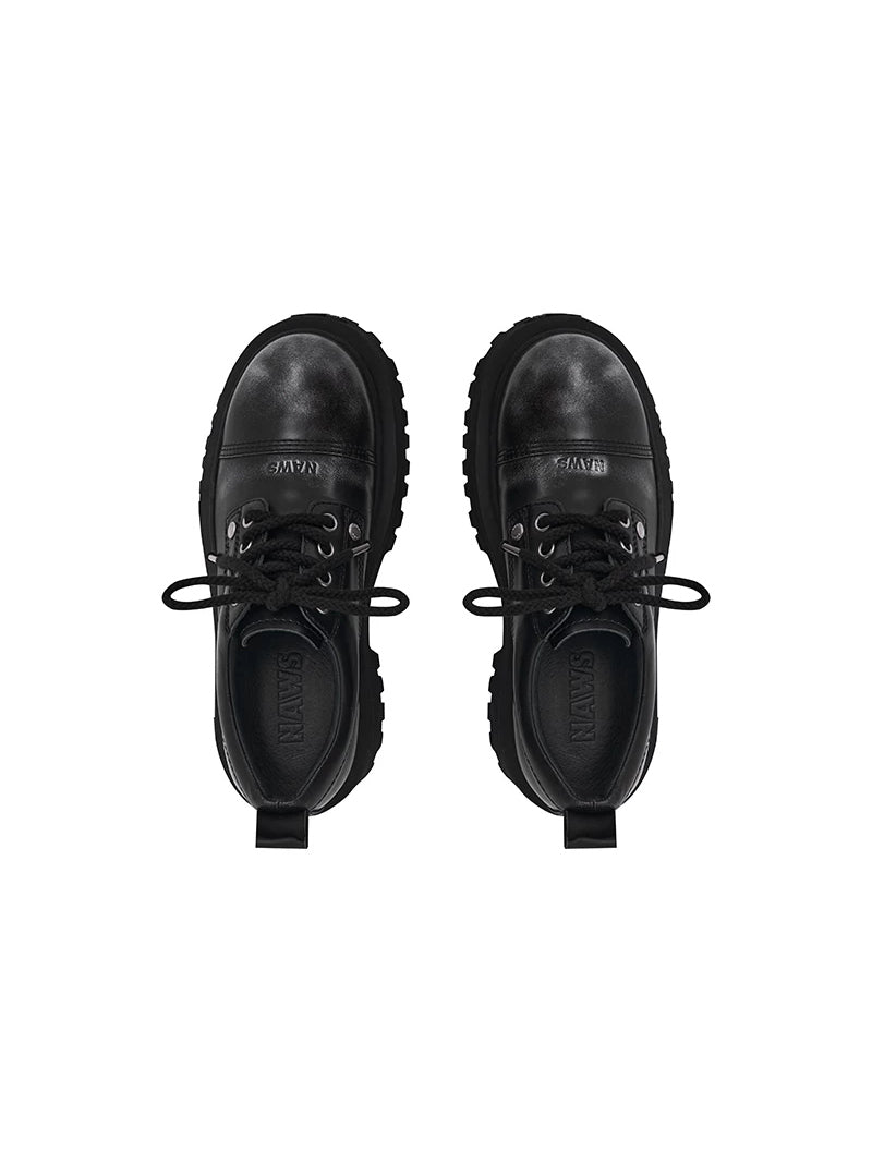 NAWS NIGHT TIDE burnished platform leather derby shoes — Sea Night Black burnished platform derby shoes, top-down pair view