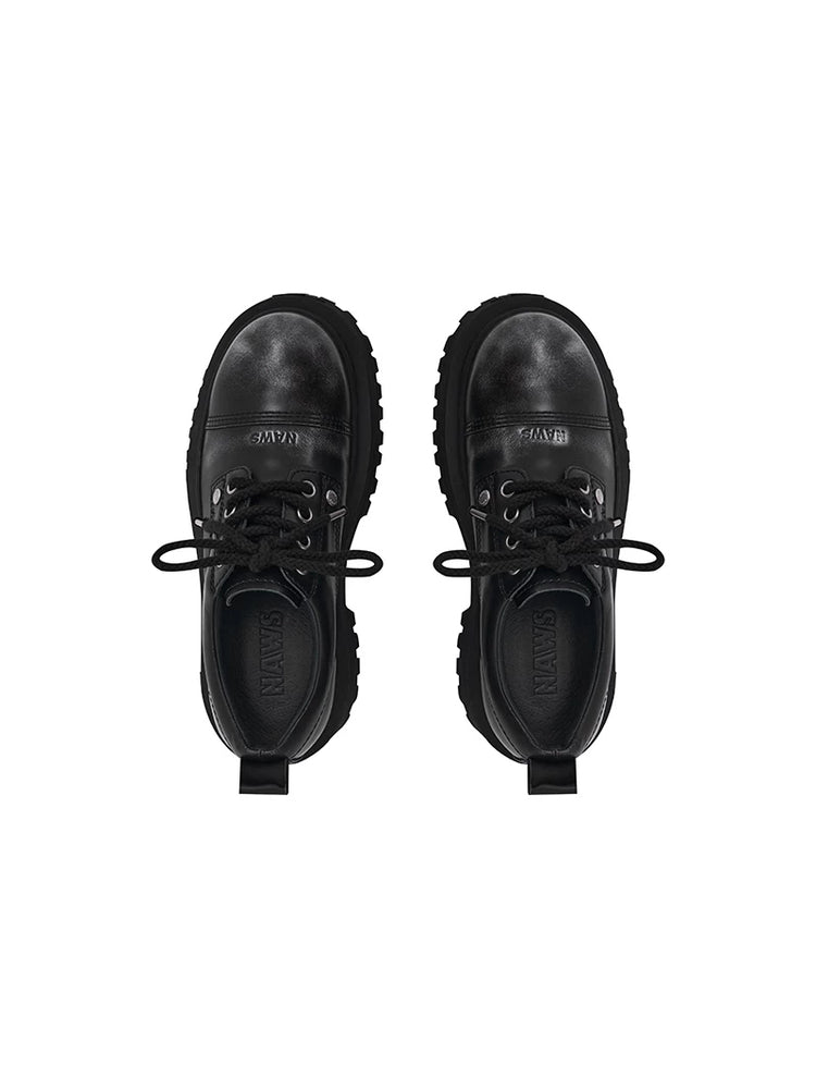 NAWS NIGHT TIDE burnished platform leather derby shoes — Sea Night Black burnished platform derby shoes, top-down pair view
