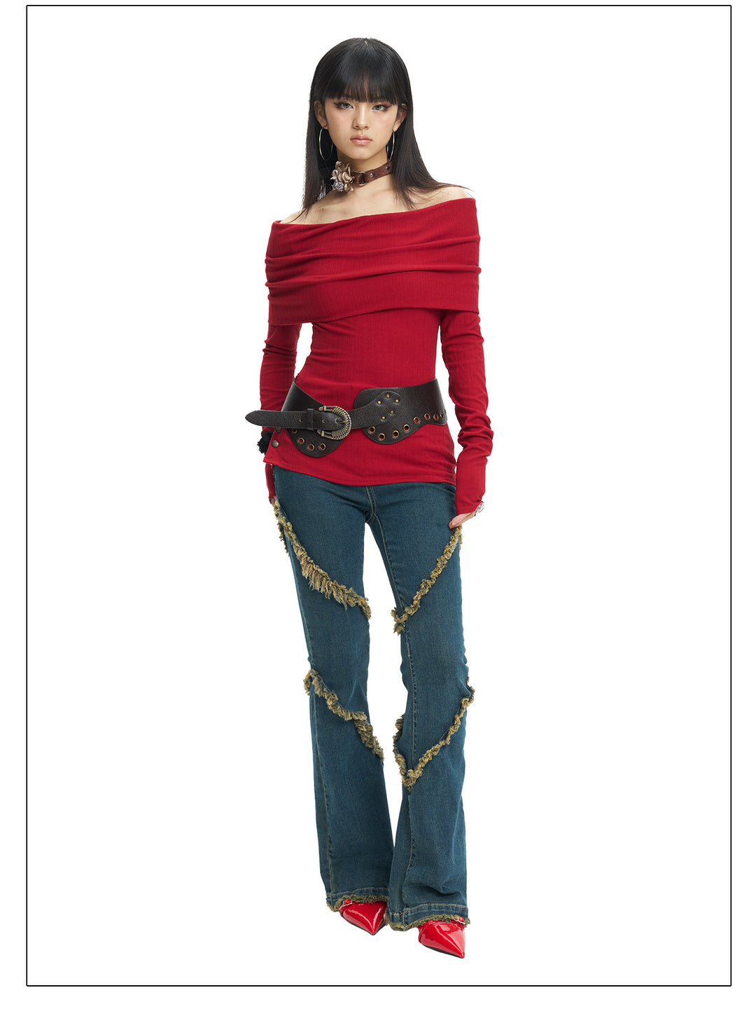 NEXT PASSPORT deep-blue frayed-hem slim flare jeans in denim blue — alternative red-top front styling.