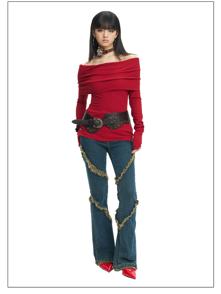 NEXT PASSPORT deep-blue frayed-hem slim flare jeans in denim blue — alternative red-top front styling.