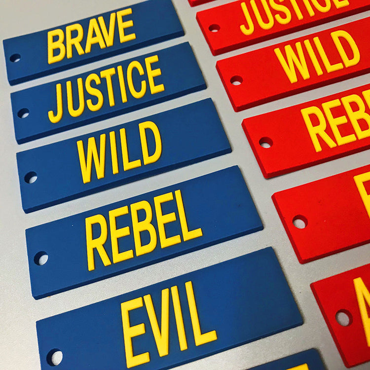 EOH-STUDIO BTBM blue BRAVE, JUSTICE, WILD and REBEL panels with raised yellow wording.