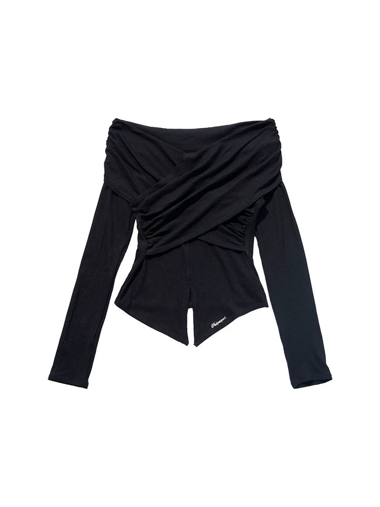 NEXT PASSPORT black cross-pleated off-shoulder long-sleeve top flat lay