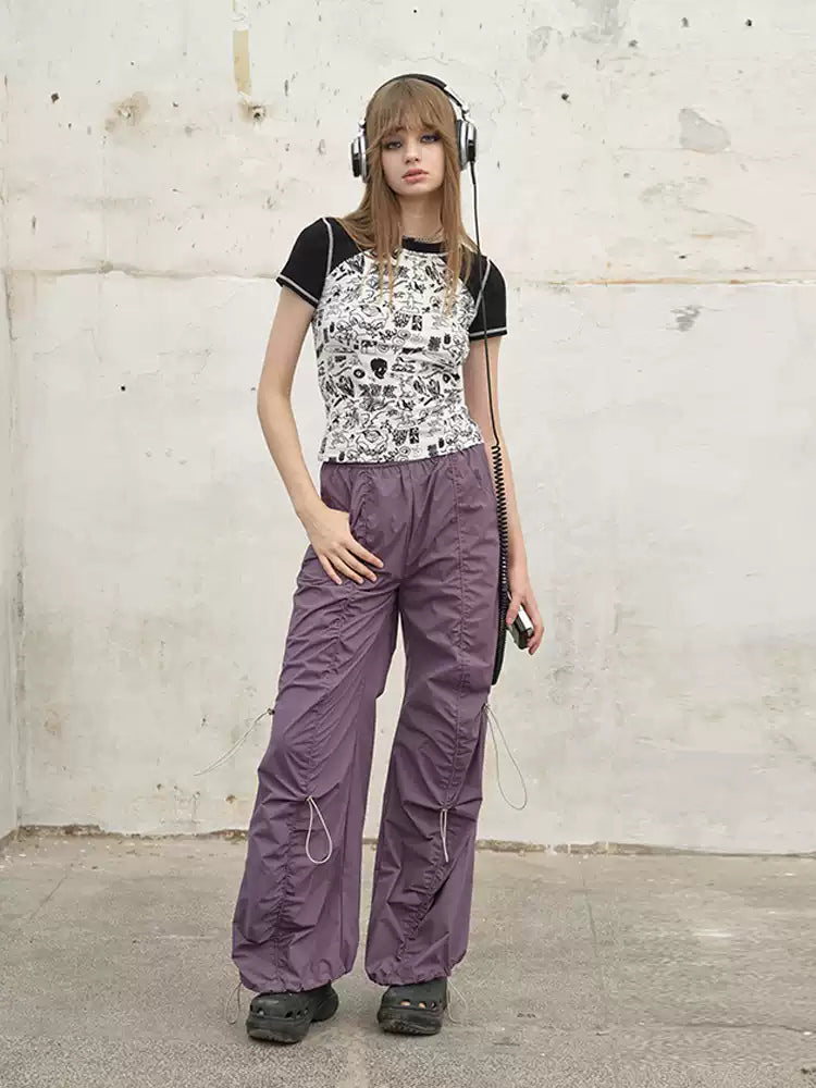 NEXT PASSPORT three-color ruched drawstring wide-leg pants in purple, alternate view