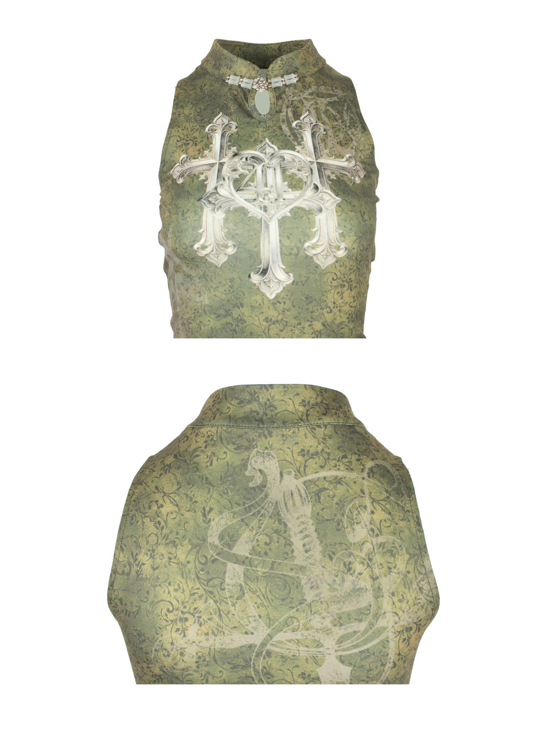 4RE1GN TRIPLE CROSS mandarin sleeveless top in olive green — front and back neckline details showing the collar clasp, keyhole and crest prints