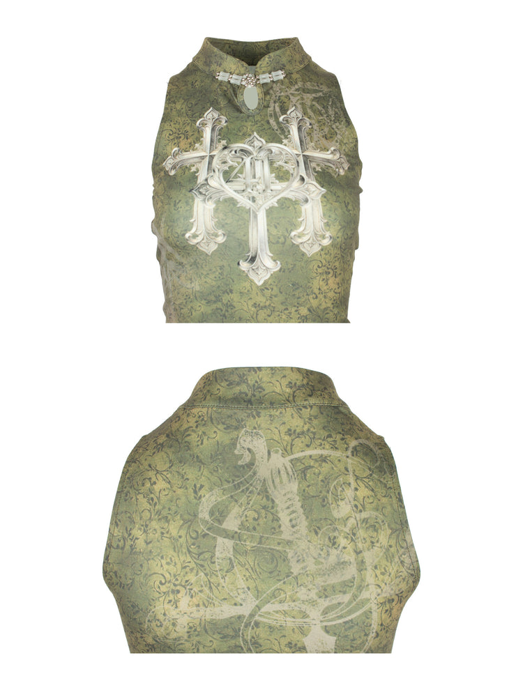 4RE1GN TRIPLE CROSS mandarin sleeveless top in olive green — front and back neckline details showing the collar clasp, keyhole and crest prints