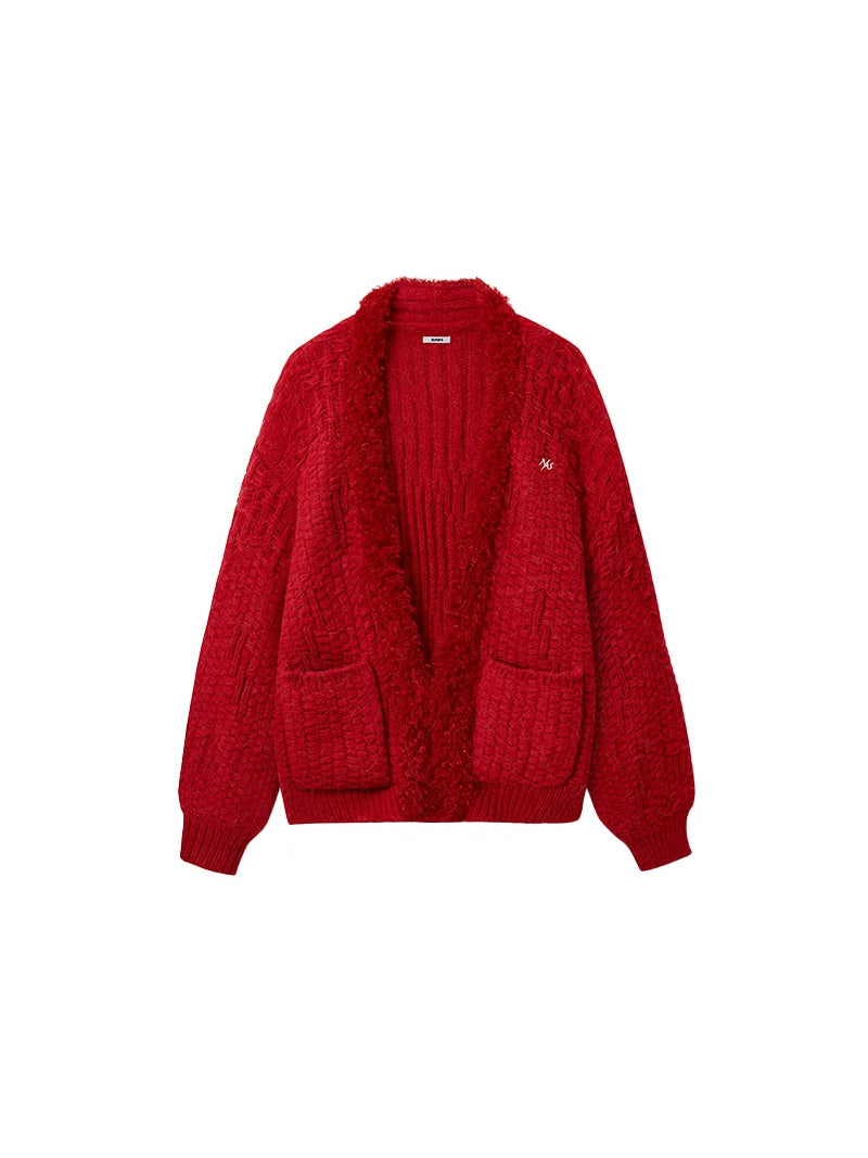NAWS ARCTIC shearling-collar wool-mohair cardigan — Hunter Red wool-mohair cardigan with front pockets, front product view