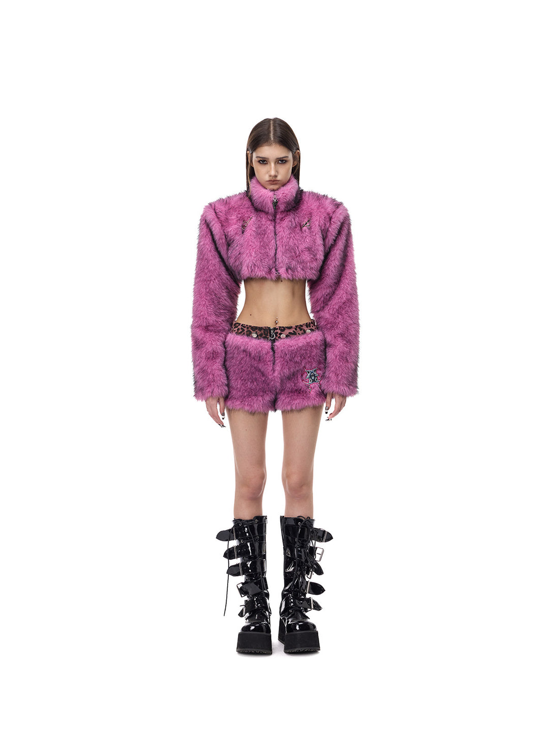 PINKSPINK ELECTRIC MOON gradient faux-fur cropped jacket — straight-on full-length modeled view showing the short hem
