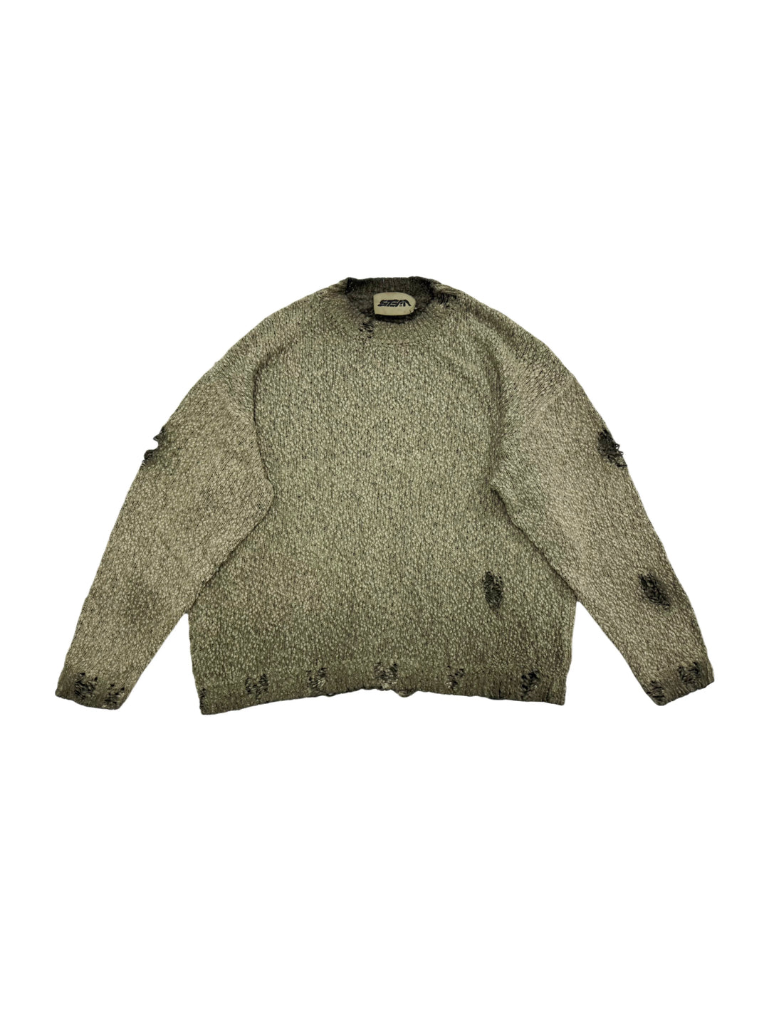 ARTEMIS distressed reversible knit sweater, mercury brown, solo front view on white