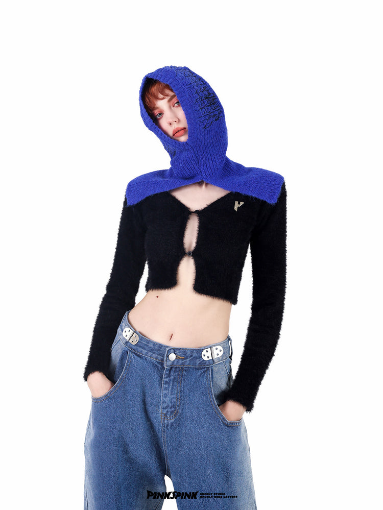 PINKSPINK ELECTRIC THORN embroidered knit balaclava in Klein blue — three-quarter modeled view with a cropped black cardigan
