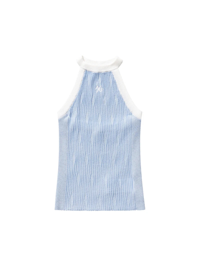 NAWS EQUESTRIAN wool halter vest — sky-blue wool halter vest with white trim, front product view
