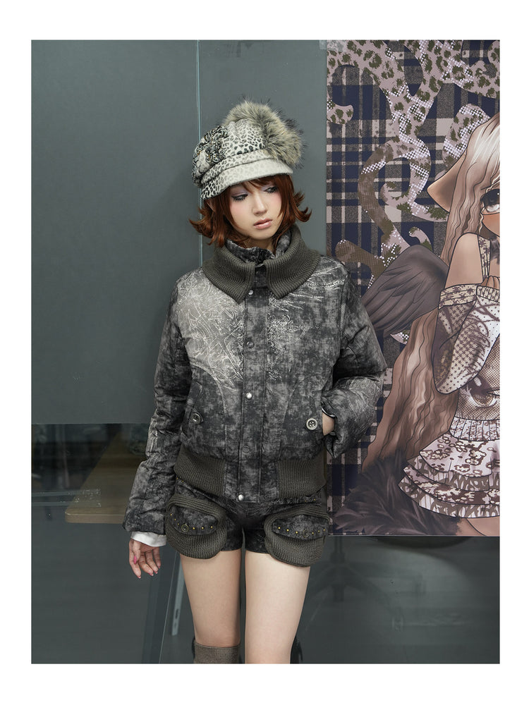 4RE1GN MYSTIC STAR knit-collar down jacket in gray multicolor — three-quarter modeled view with one hand in a pocket