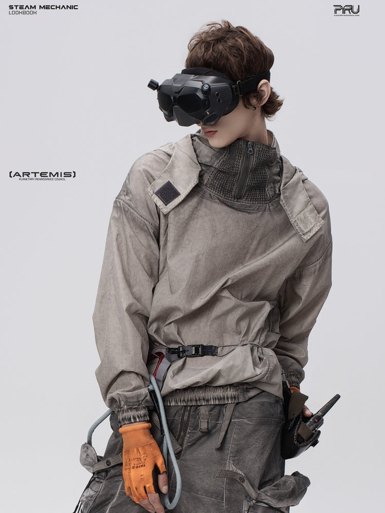 PIONEER meteorite-gray mesh hoodie, close front leaning view showing geometric panel seams