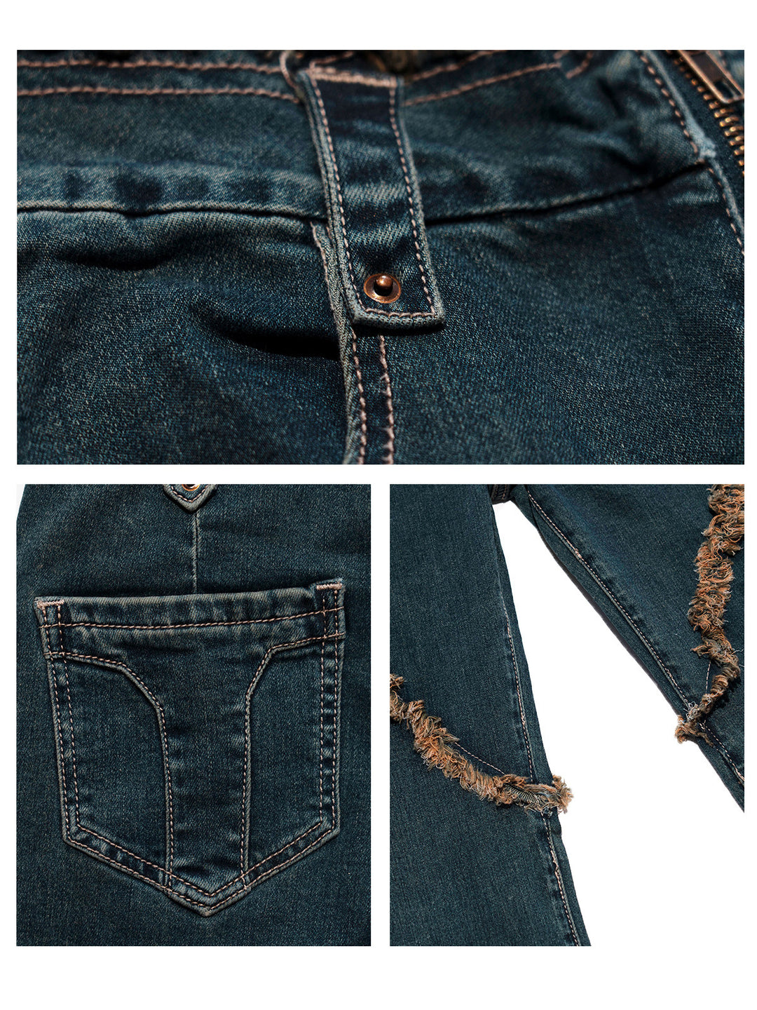 NEXT PASSPORT deep-blue frayed-hem slim flare jeans in denim blue — zipper, pocket and frayed-panel construction close-ups.