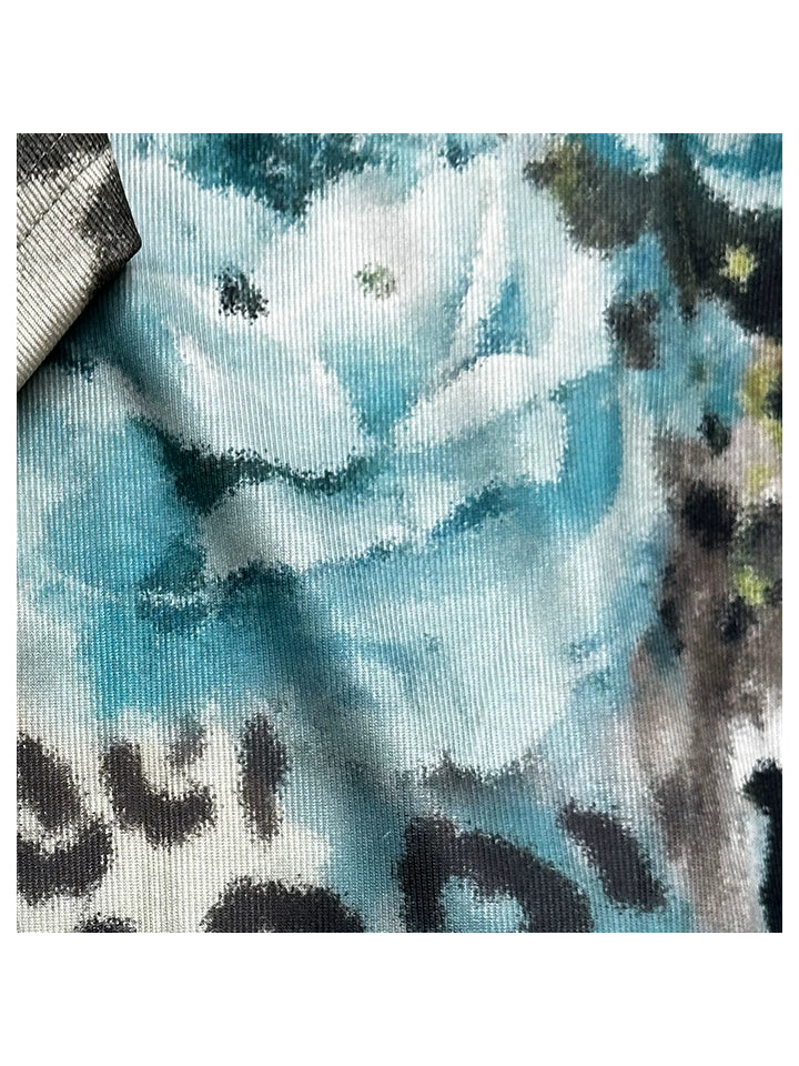 4RE1GN SEA BLUE leopard floral lace dress — bright blue edition fabric detail from the seller comparison; this batch has a stronger blue-green tone than the original gray-blue modeled dress