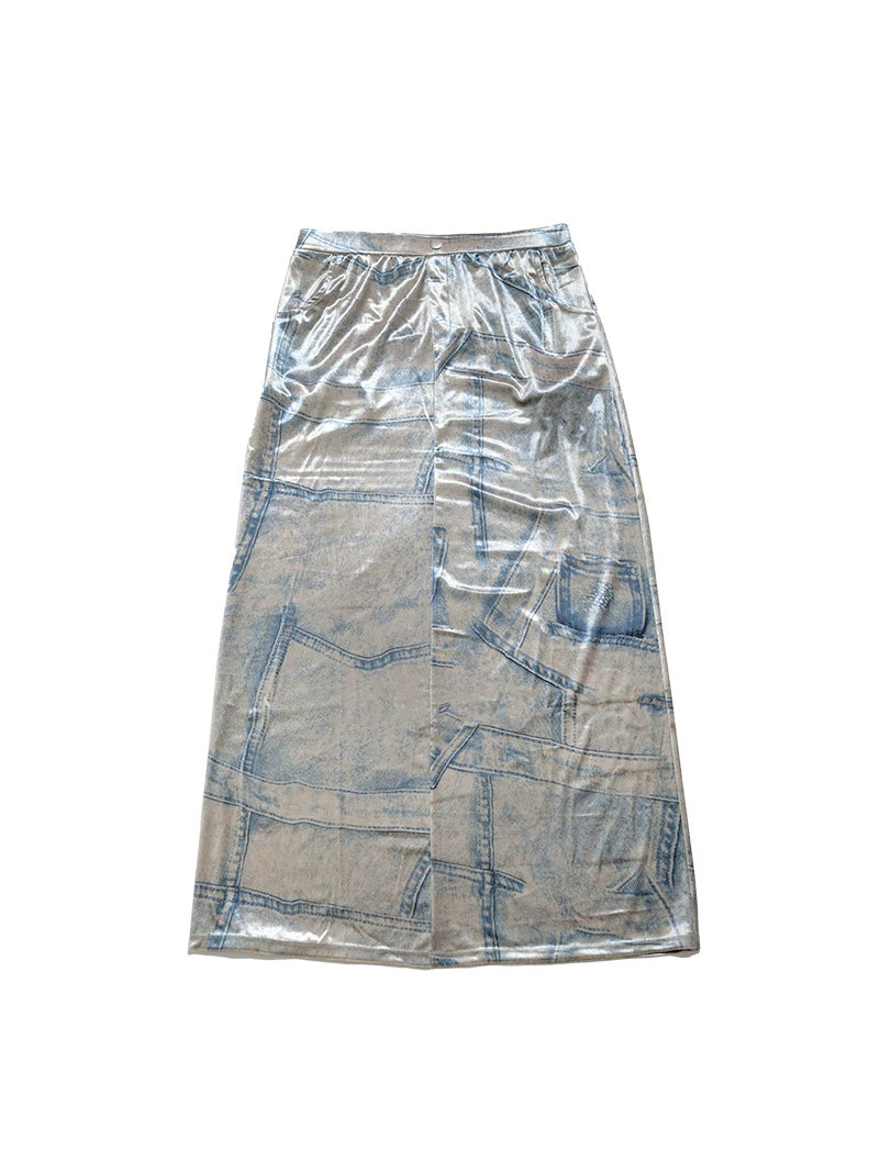 NEXT PASSPORT silver-gray faux-denim velvet midi skirt flat lay