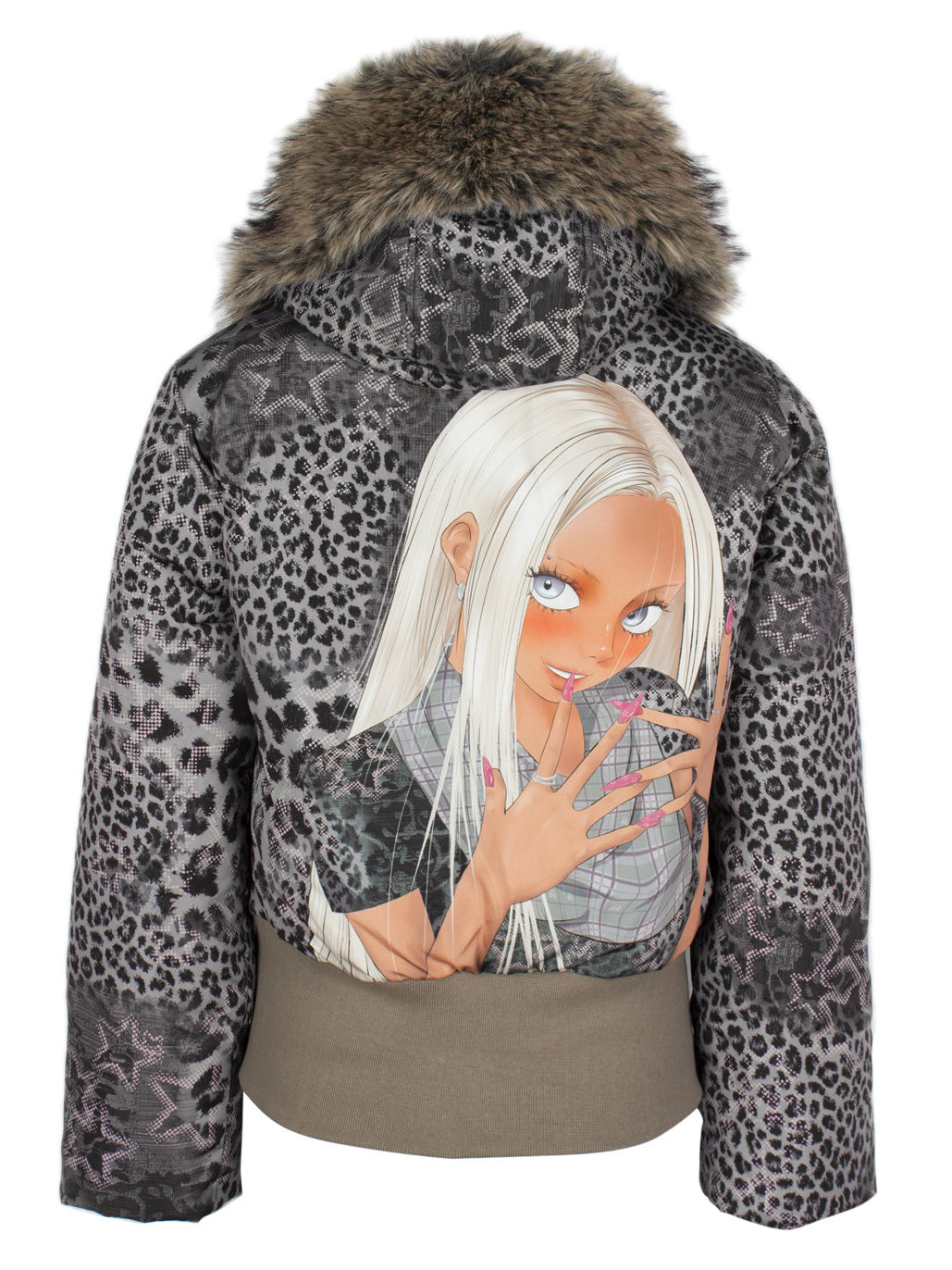 4RE1GN NAILS DONE leopard graphic down jacket in gray multicolor — back garment-only view showing the hood and girl graphic