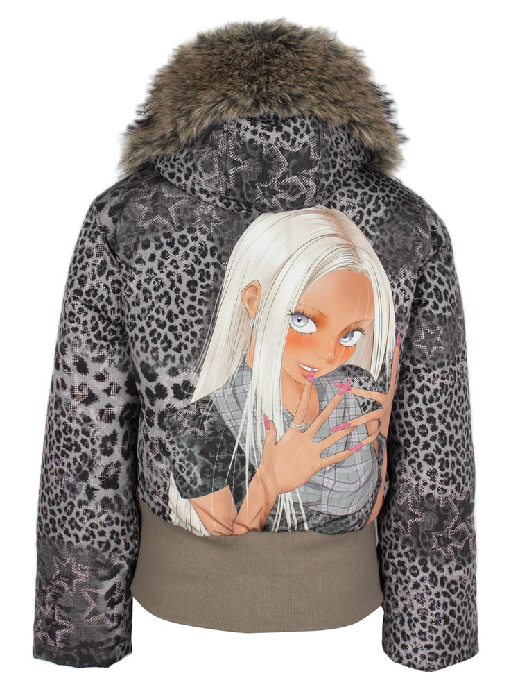 4RE1GN NAILS DONE leopard graphic down jacket in gray multicolor — back garment-only view showing the hood and girl graphic