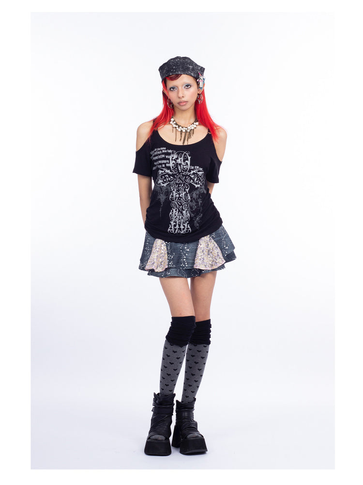 4RE1GN JEWEL denim-print lace mini skirt in black multicolor — full-length front modeled view with hands behind the back