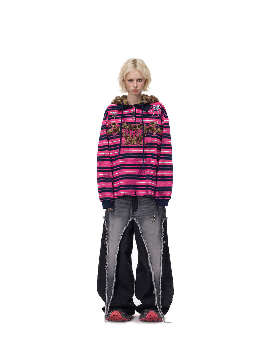 PINKSPINK CAT ALIEN leopard-ear striped hoodie — full-length front modeled view styled with dark wide-leg jeans