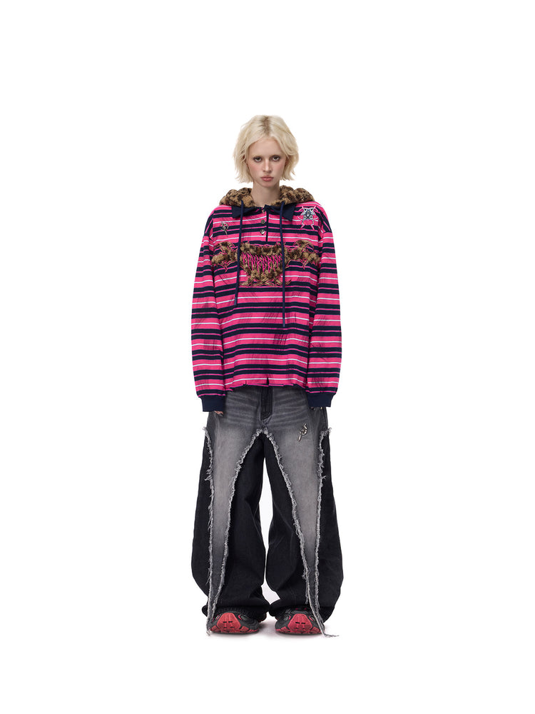 PINKSPINK CAT ALIEN leopard-ear striped hoodie — full-length front modeled view styled with dark wide-leg jeans