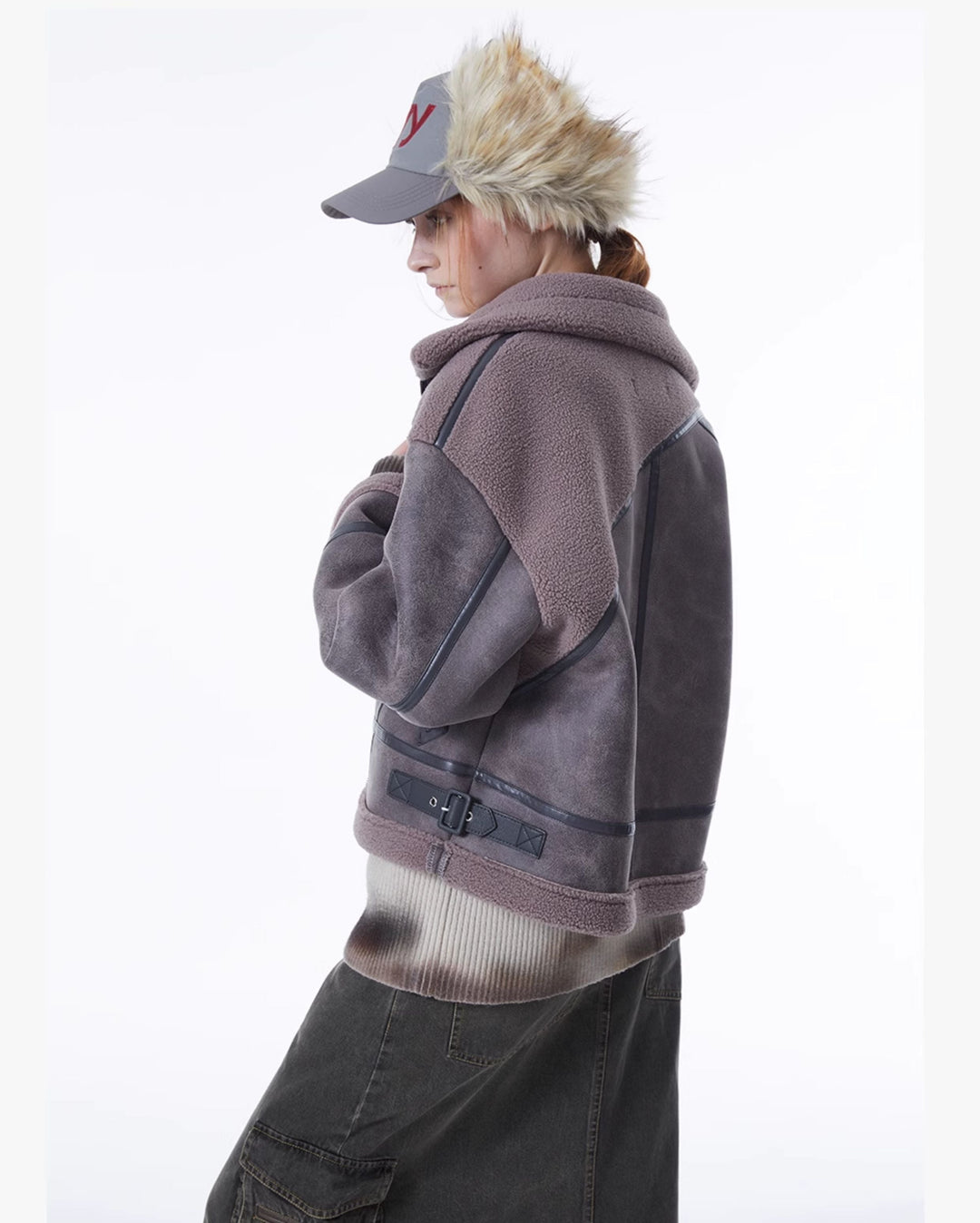 ERRORCODE ROBOT gray-purple paneled faux-shearling jacket, rear three-quarter modeled view