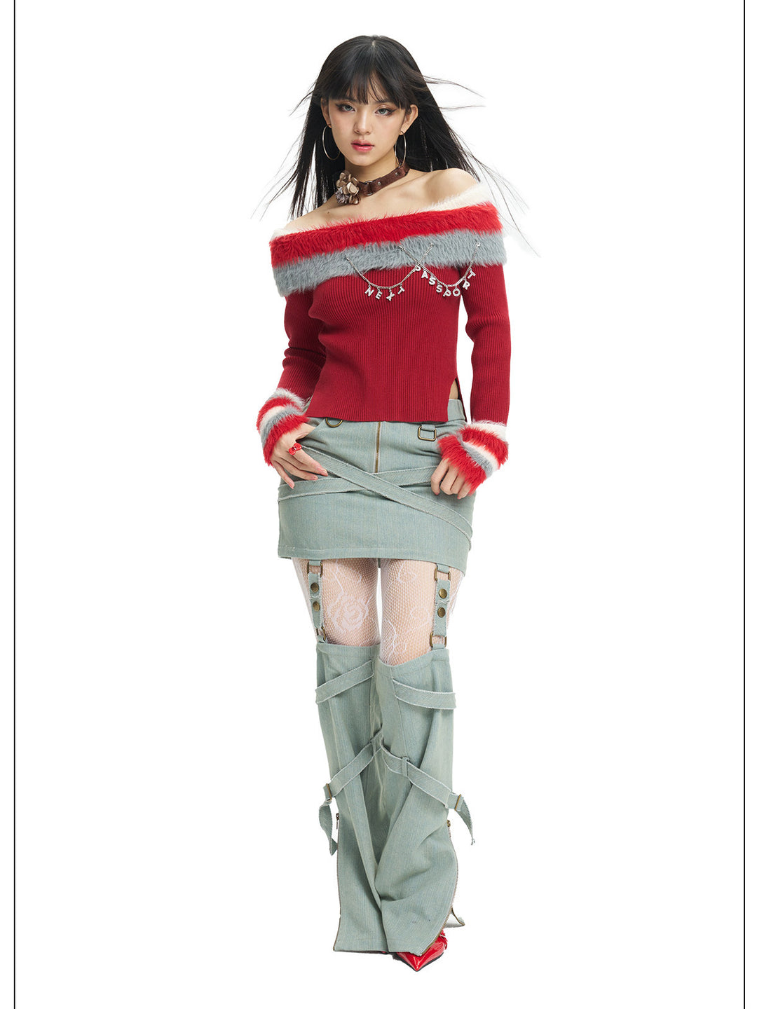Next Passport red faux-fur collar knit pullover full-length styling