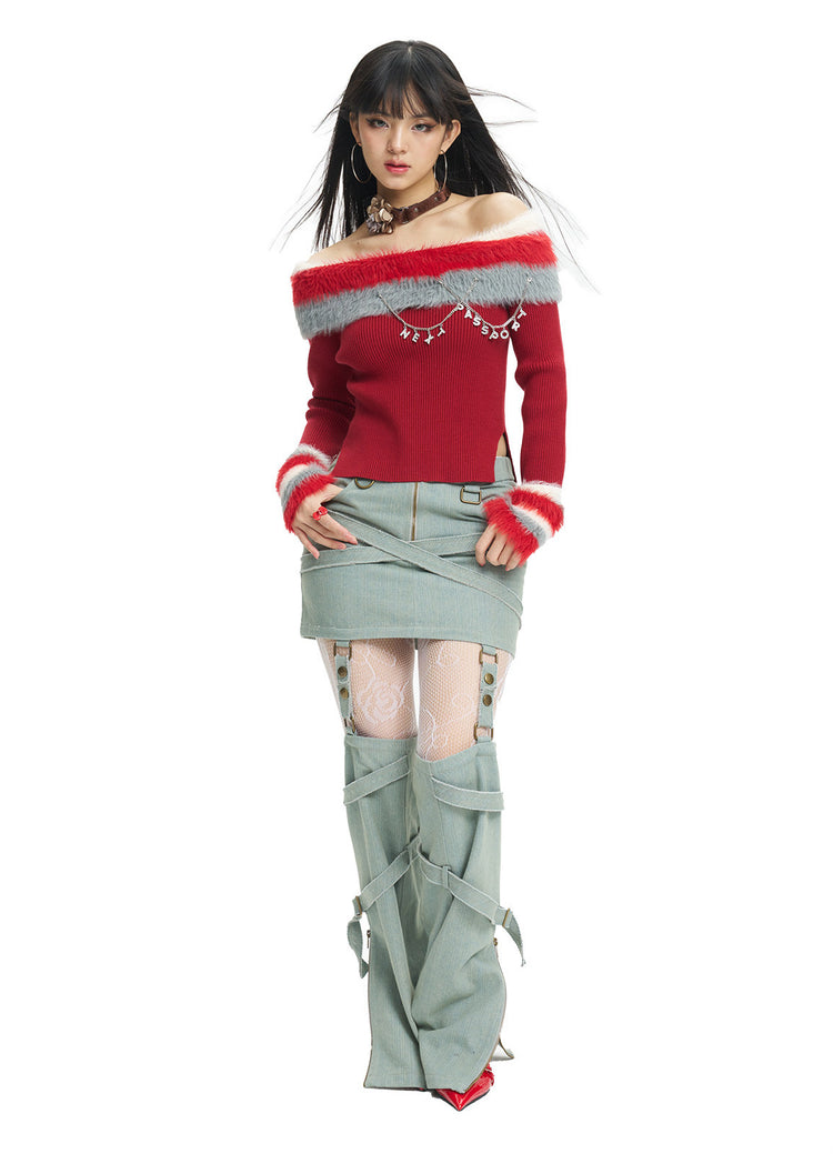 Next Passport red faux-fur collar knit pullover full-length styling