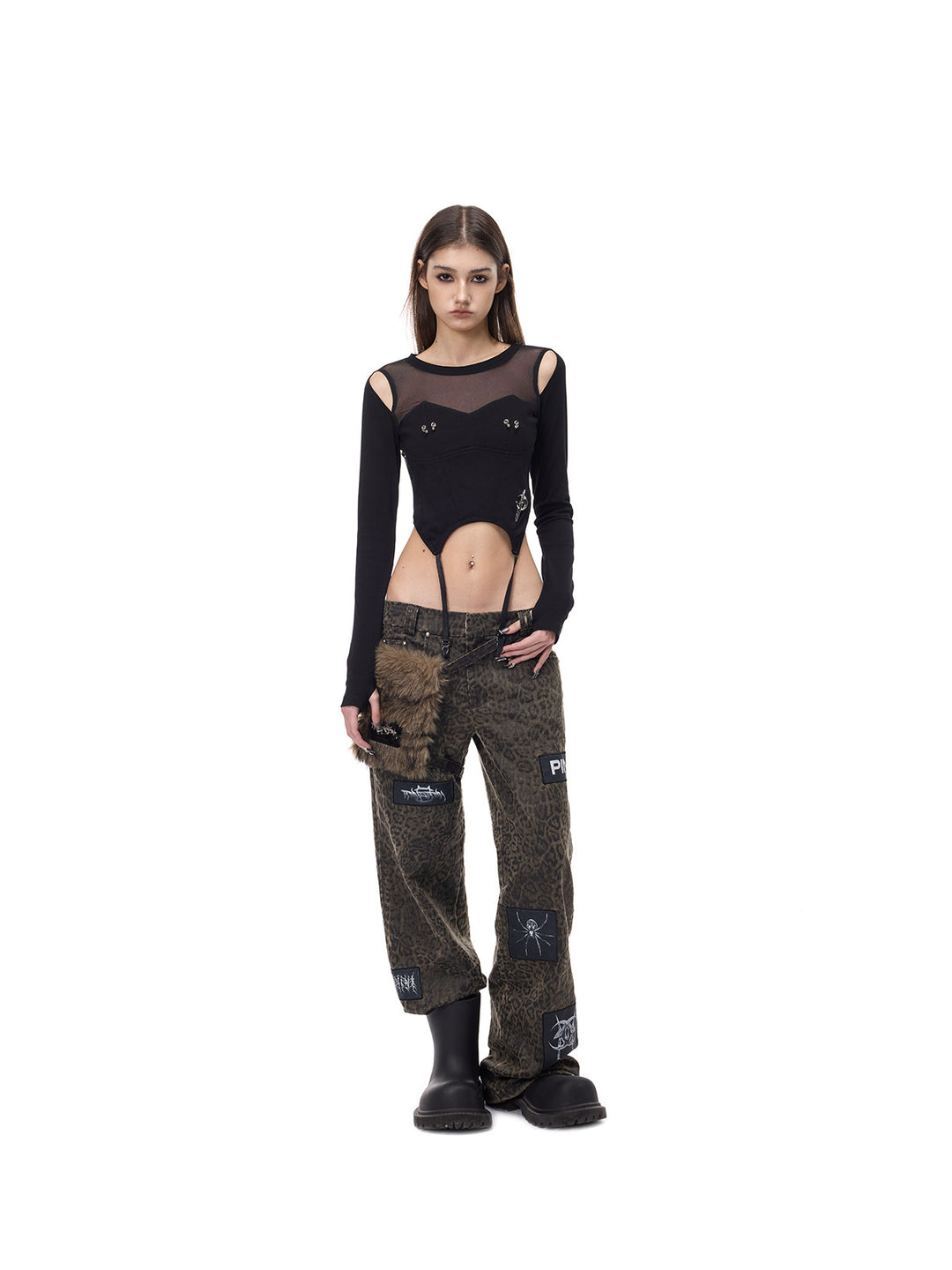 PINKSPINK ELECTRIC MOON reconstructed mesh tee — front full-length modeled view with arms relaxed and printed pants