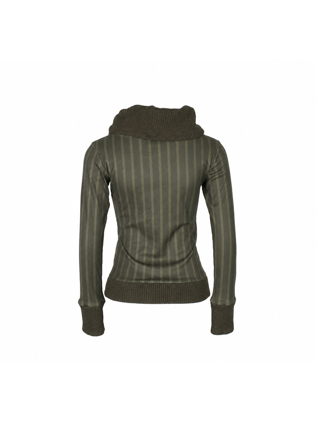 4RE1GN COMIC STRIPE scarf-neck long-sleeve tee in olive green — back garment-only view showing vertical stripes and ribbed trims