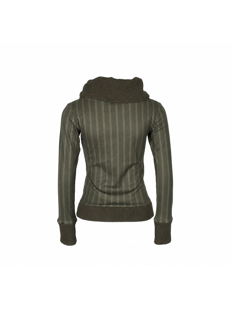 4RE1GN COMIC STRIPE scarf-neck long-sleeve tee in olive green — back garment-only view showing vertical stripes and ribbed trims