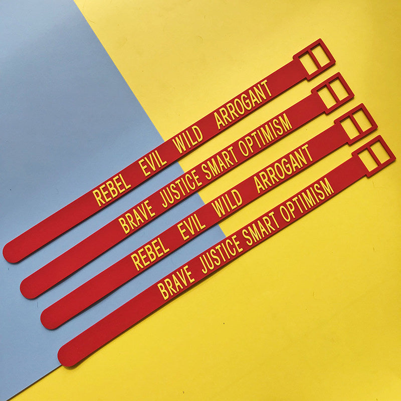 EOH-STUDIO BTBM red BRAVE and EVIL silicone straps with two-slot rectangular closures.