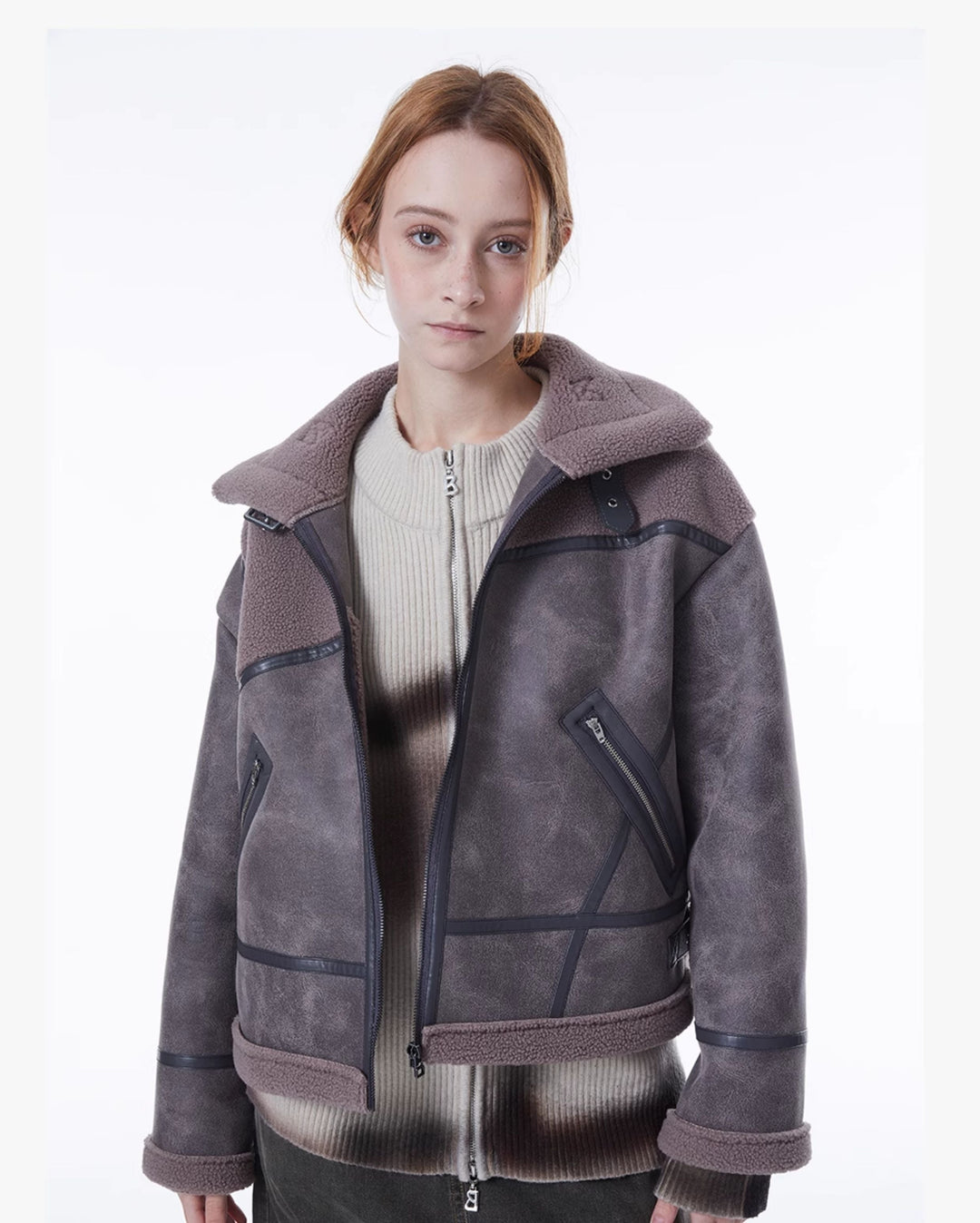 ERRORCODE ROBOT gray-purple paneled faux-shearling jacket, straight-on open front modeled view